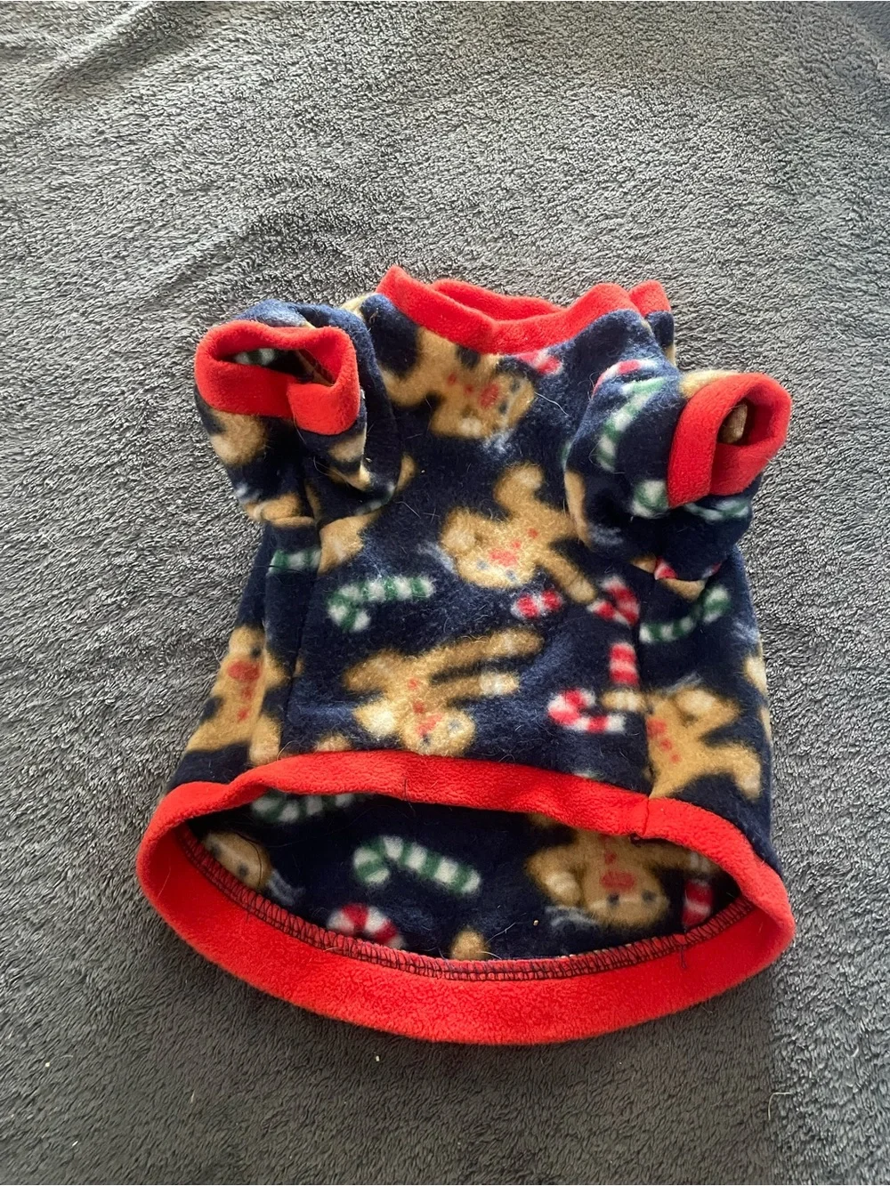 Festive Gingerbread Fleece Pullover for Small Dogs - Navy with Red Trim